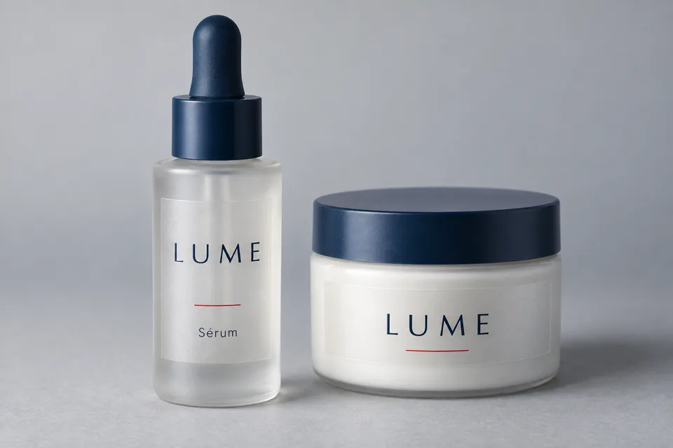 Conceito gerado por IA: frasco de sérum e boião com etiquetas LUME