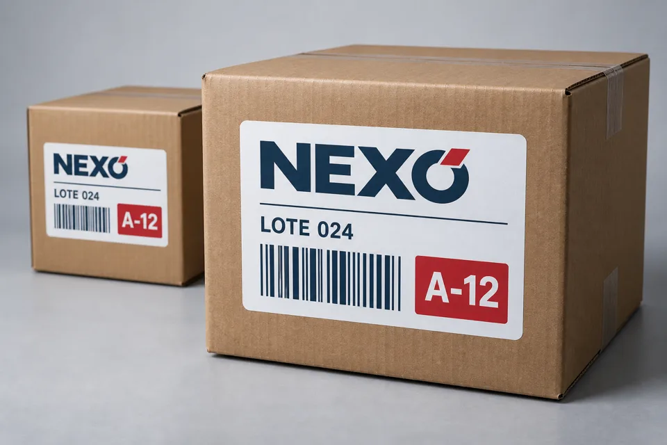Conceito gerado por IA: caixas com etiquetas de identificação NEXO